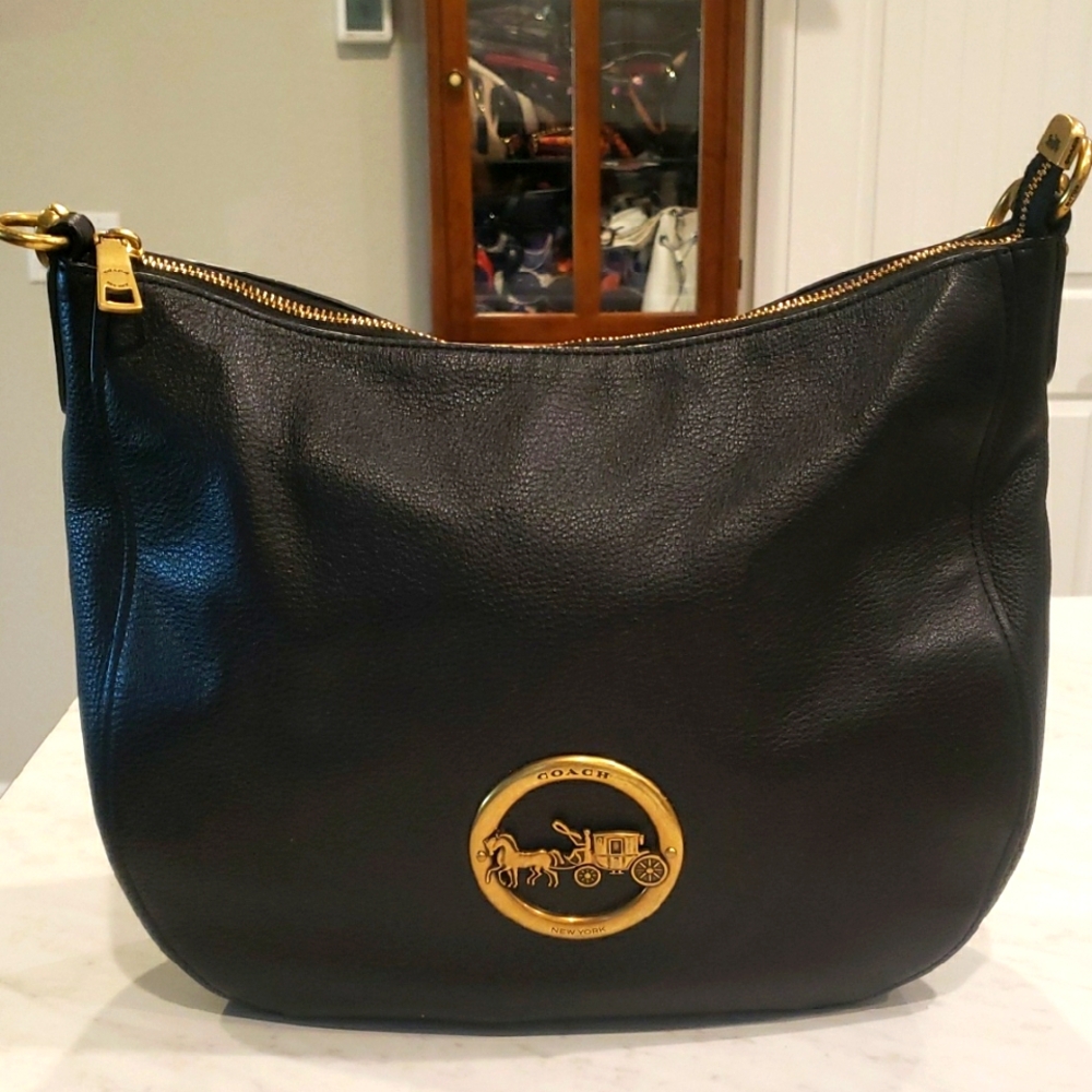 Coach Black Pebbled Leather Hobo Bag with Gold Accents Size Medium